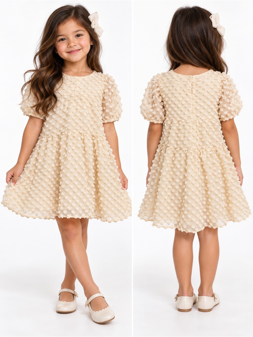 Zara Girls Cream Swiss Dot Puff Sleeve Dress Tiered Lined Special Occasion